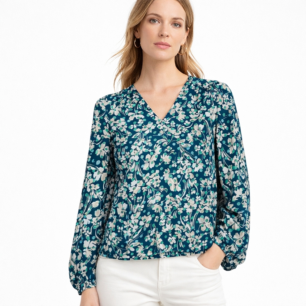 Banana Republic Teal Green Floral V-Neck Long Sleeve Blouse